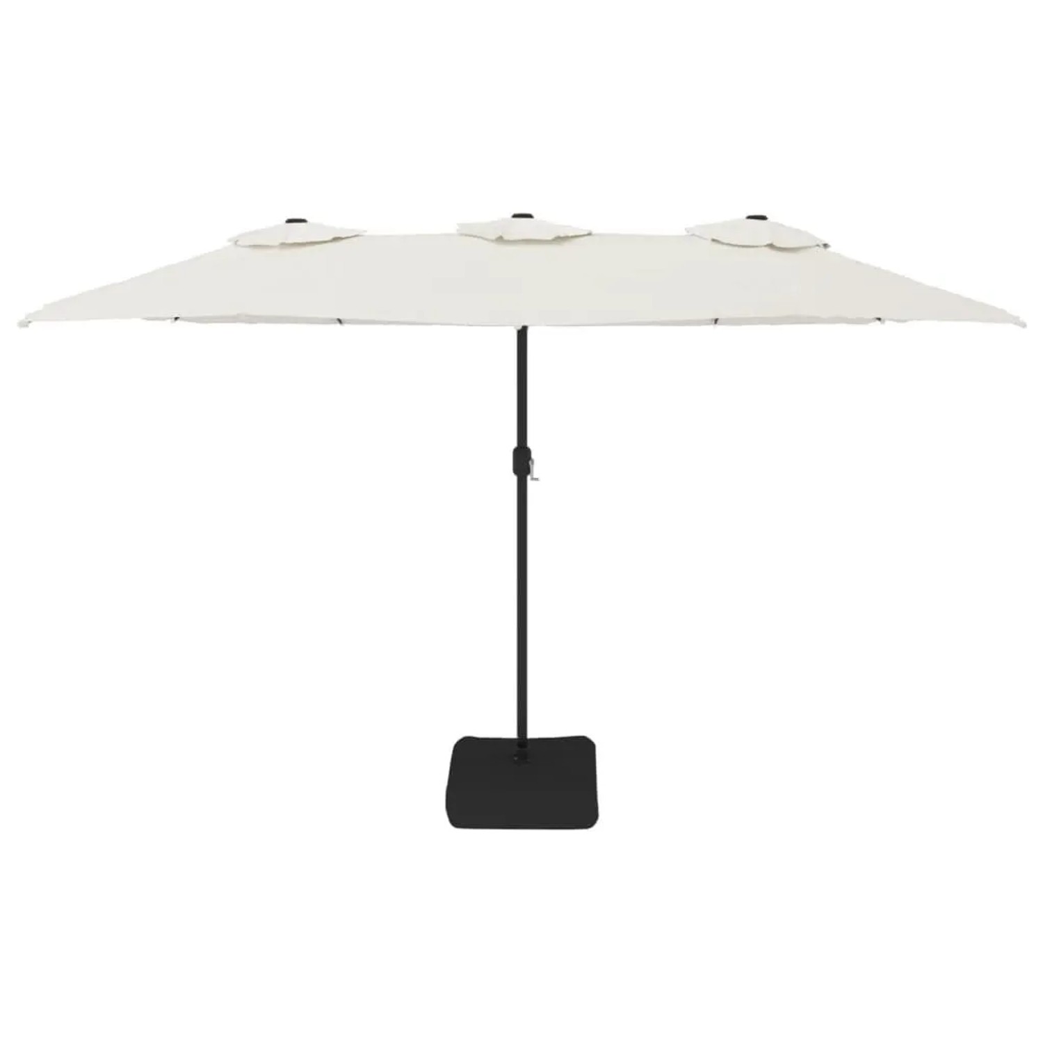 Sandweißer Doppel-Sonnenschirm mit LED-Leuchten, rechteckig, schwarzem Mast und Standfuß für Garten & Terrasse.