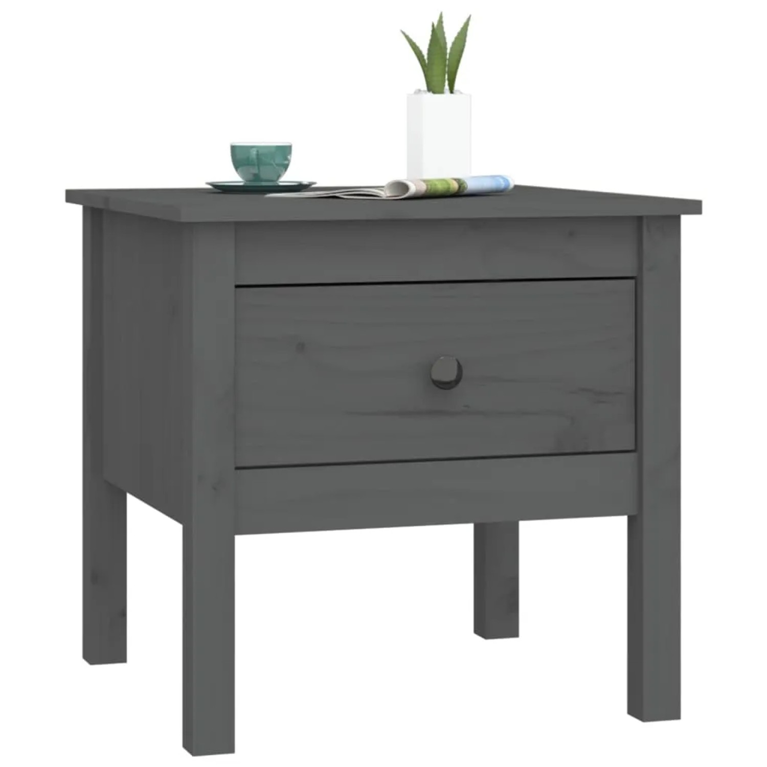 Grauer vidaXL Beistelltisch aus Kiefernholz, 50x50x49 cm, mit Schublade. Ideal als Nachttisch oder Sofatisch.