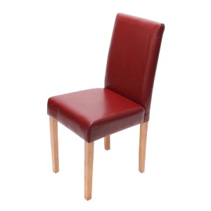 Roter Esszimmerstuhl aus Kunstleder mit hoher Rückenlehne und hellen Holzbeinen. Klassisches Design für Komfort.