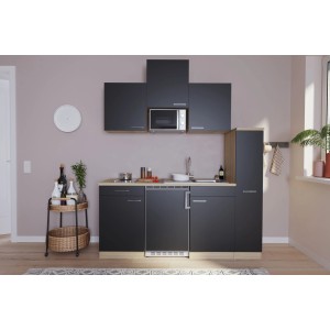 Respekta Küchenzeile KB180ESSMIC, 180 cm, Schwarz und Eiche Sägerau, mit E-Geräten und Spüle.