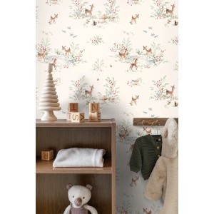 ESTAhome Tapete Hirsche Crème-Beige (50x900cm) im Kinderzimmer. Dekorative Tapete mit Tiermotiv.