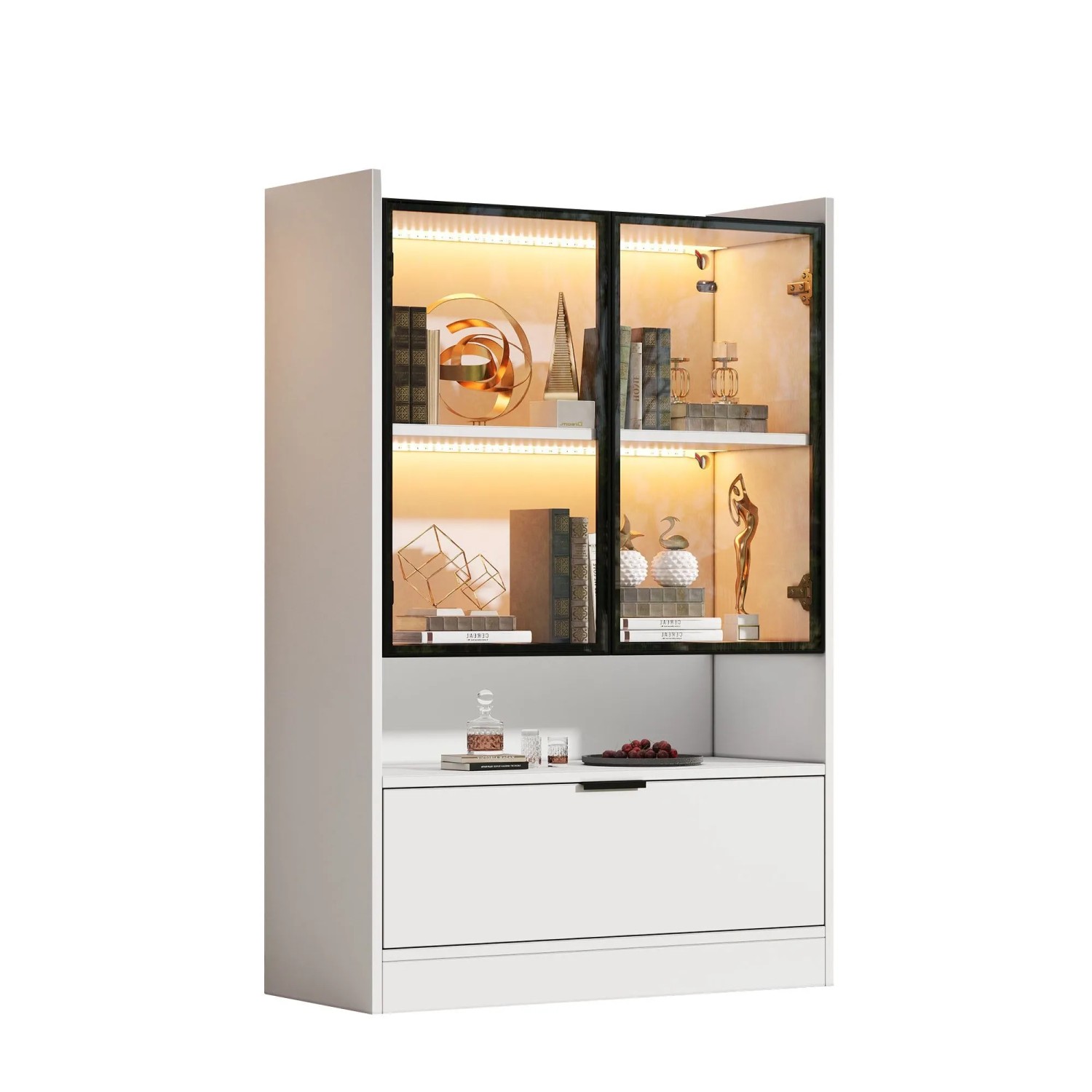 ModernLuxe Moderne Vitrine mit Matter Oberfläche LEDs Glastüren Klapptür Spanplatte Weiß