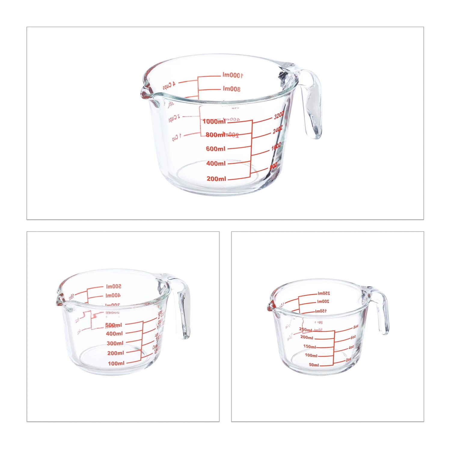 Relaxdays Messbecher Set Glas Transparent Dreiteilig 250 ml 500 ml 1,