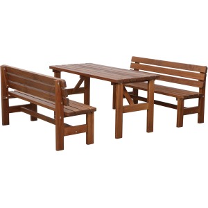 Fun Star Tessin Gartenbank Set, braun, aus Kiefernholz, bestehend aus 2 Bänken und Tisch.