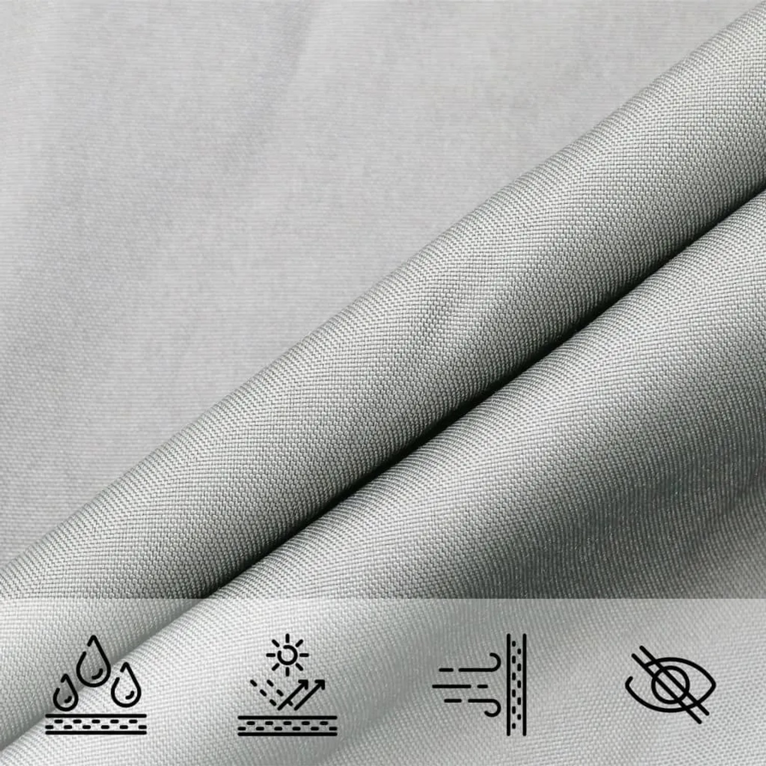 Nahaufnahme des hellgrauen Polyester Oxford Sonnensegel-Stoffs, wasserdicht, UV-beständig, wind- & blickdicht.