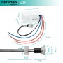 Oktaplex Jasy Dämmerungssensor, weiß, mit Maßangaben für Installation, geeignet für Innen- und Außenbereich.