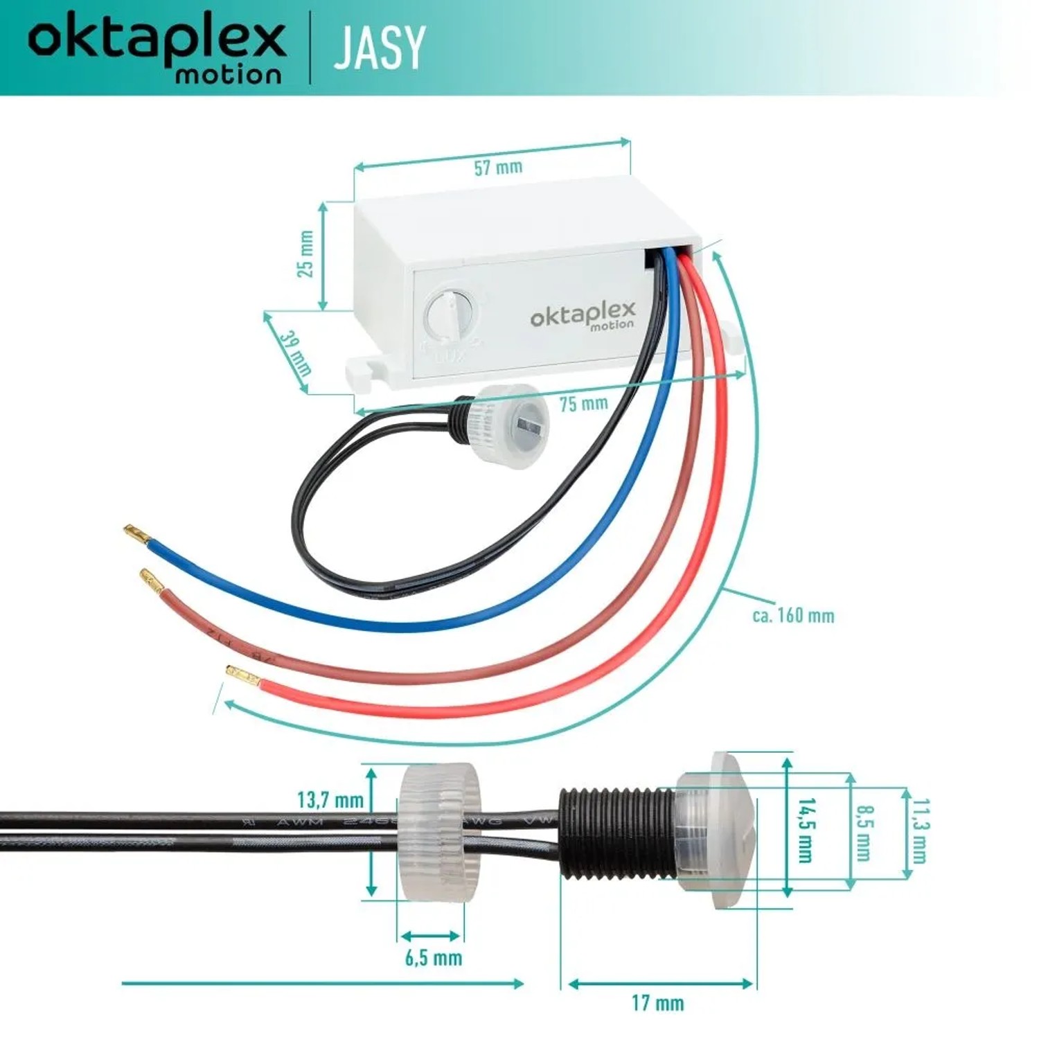 Oktaplex Jasy Dämmerungssensor, weiß, mit Maßangaben für Installation, geeignet für Innen- und Außenbereich.