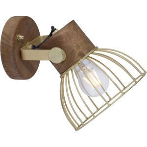 Just Light Alami Wandlampe, 1-flammig, Messing matt, mit Holzdetails und offenem Lampenschirm.