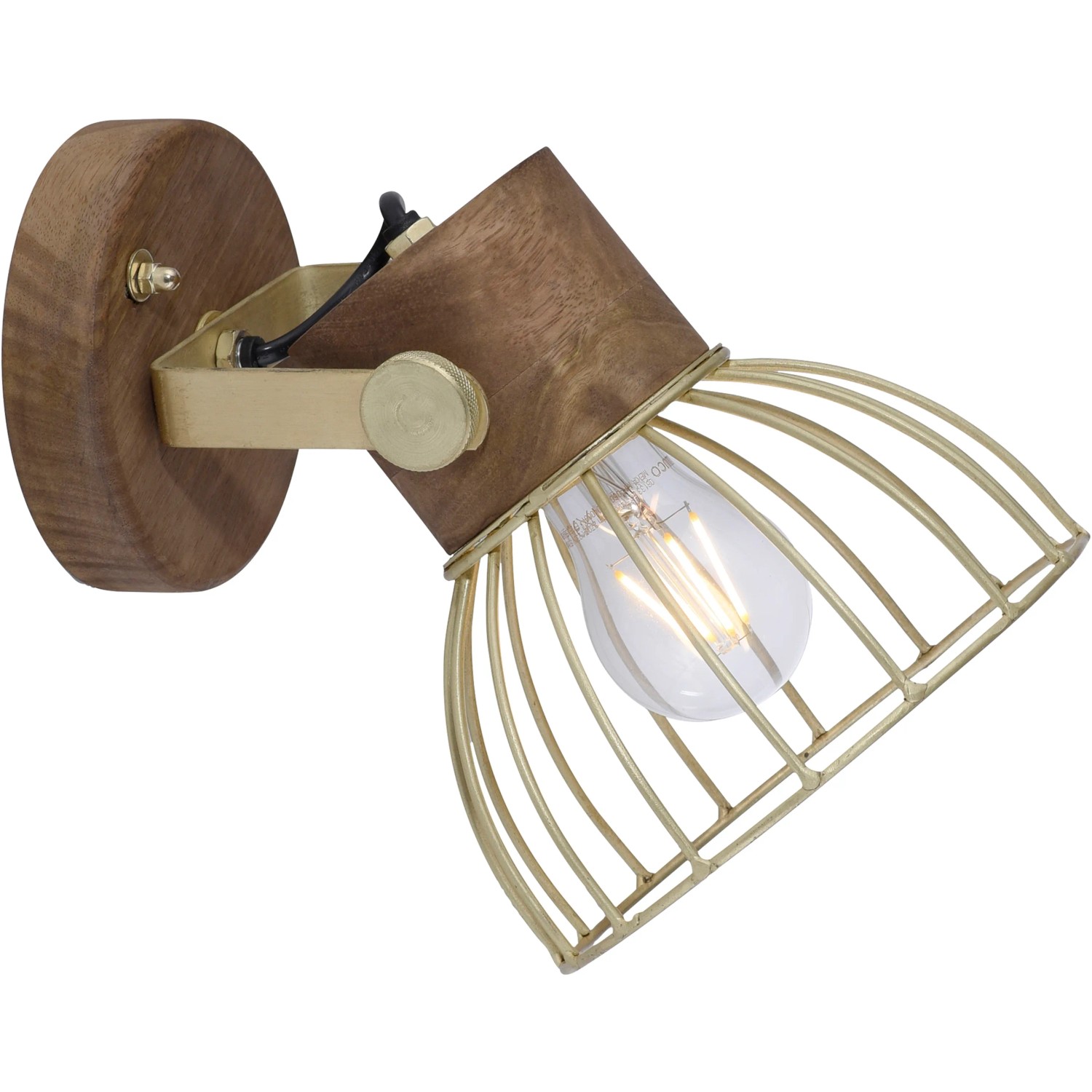 Just Light Alami Wandlampe, 1-flammig, Messing matt, mit Holzdetails und offenem Lampenschirm.