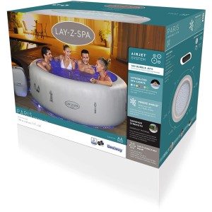Verpackung des Bestway LAY-Z-SPA Paris AirJet Whirlpool, altweiß, mit Personen im Wasser.
