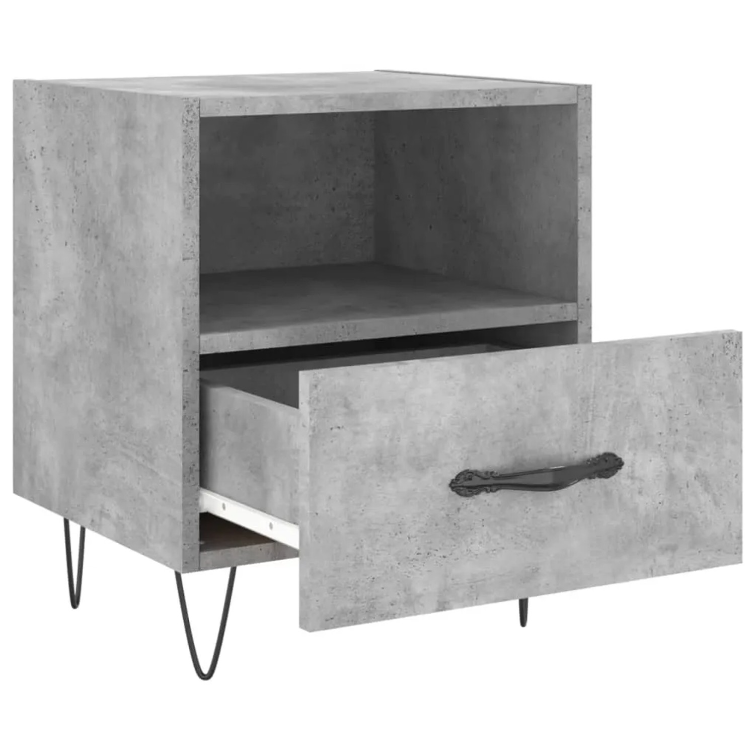 Betongrauer Nachttisch mit Schublade und Fach, Teil eines 2er Sets. Modernes Design mit Metallfüßen.