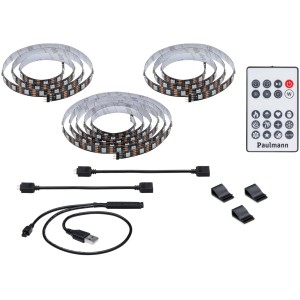 Paulmann EntertainLED USB-LED-Streifen für 75-Zoll-Fernseher mit Fernbedienung und Zubehör.