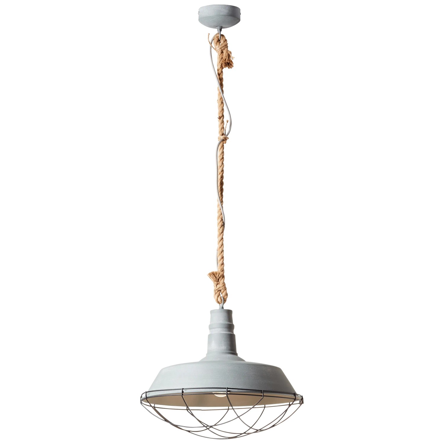 Betongraue Brilliant Pendelleuchte Rope mit Seilaufhängung und Metallschirm mit Käfig.