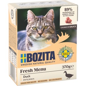 Bozita Katzen-Nassfutter mit Ente, 370g Packung mit Katzenbild. Getreidefrei und ohne Zucker.