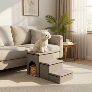 Relaxdays Hundetreppe MDF Hellgrau mit 3 Stufen Faltbar Rutschfest 43 cm x 75 cm x 33 cm 4 kg