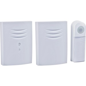 Tragbares Funktürklingel-Set mit zwei Empfängern und Klingelknopf in Weiß.