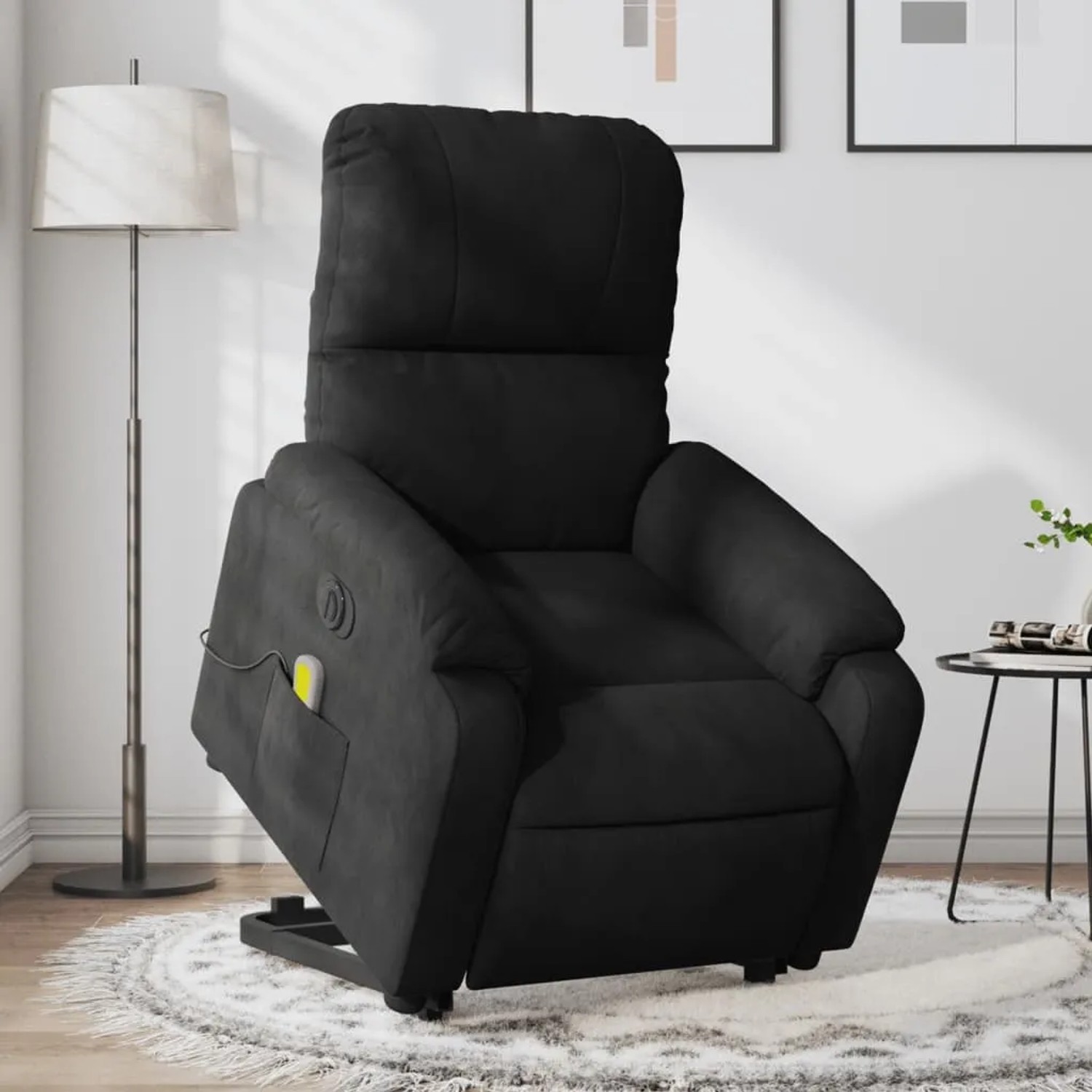 Schwarzer vidaXL Massagesessel mit Aufstehhilfe aus Mikrofaser, elektrisch verstellbar.
