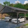 Skan Holz Carport Fichtelberg, Doppelcarport aus Fichte in Schiefergrau mit zwei parkenden Autos.