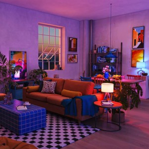Wohnzimmer mit Philips Smart-LED-Leuchtmitteln E27, die den Raum in lebendige RGB-Farben tauchen und eine individuelle Lichtstimmung erzeugen.