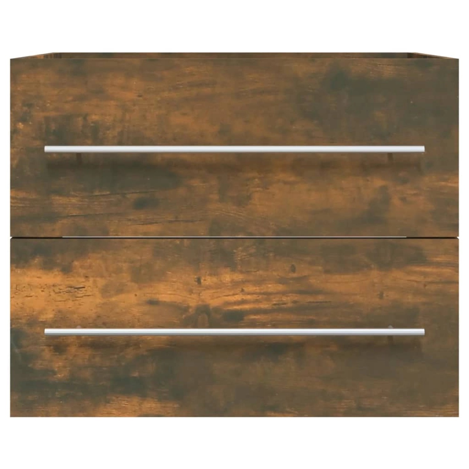 vidaXL Waschbeckenschrank in Räuchereiche mit zwei Schubladen und silbernen Griffen.