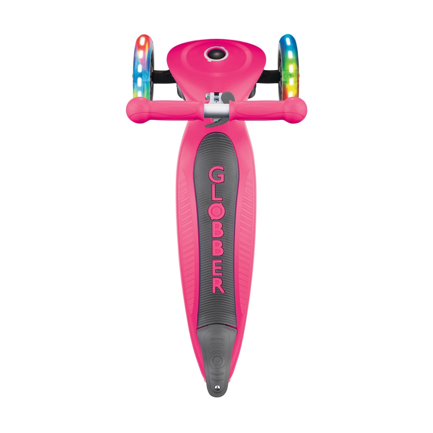 Globber Junior Tretroller, 3-rädrig, Fuchsia Pink mit LED-Leuchtrollen.