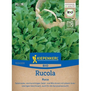 Kiepenkerl BIO Rucola Salatrauke Saatgutpackung mit frischen Rucolablättern.