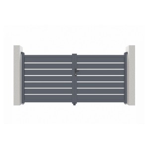 Graues Casanoov Doppelflügeltor aus Aluminium, 3 m breit und 1,40 m hoch.