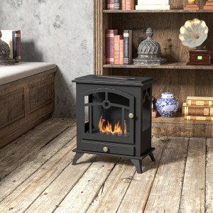 Schwarzer HOMCOM Ethanol Kamin aus Stahl mit Flammen, freistehend im Wohnzimmer. Ideal als Heizung.