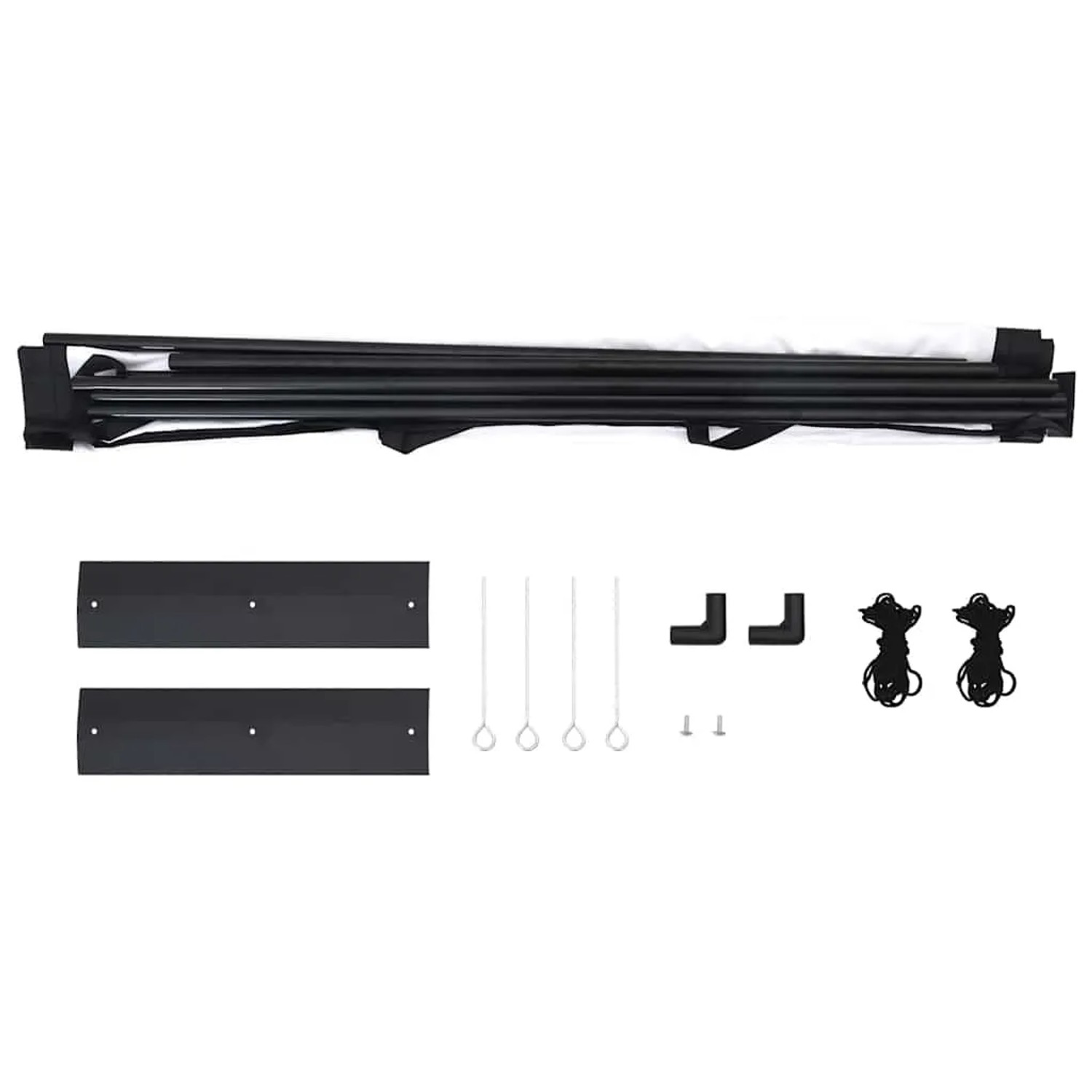 vidaXL Beamer Leinwand 89 Zoll mit Ständer. Zerlegte schwarze Stangen, Erdnägel, Seile, Montagezubehör.