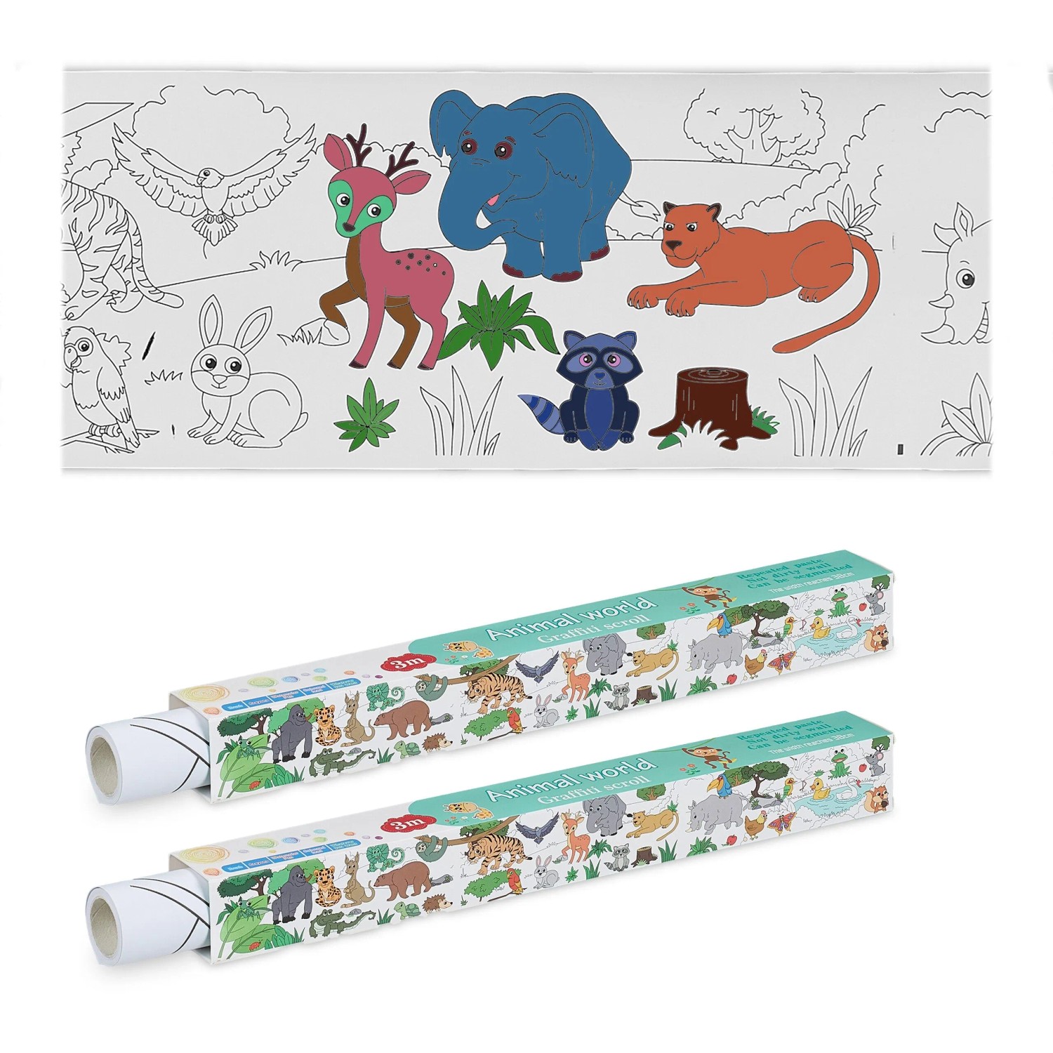 Relaxdays Ausmaltischdecke 2er Set Papier Weiß Selbstklebend Tiere 3 m
