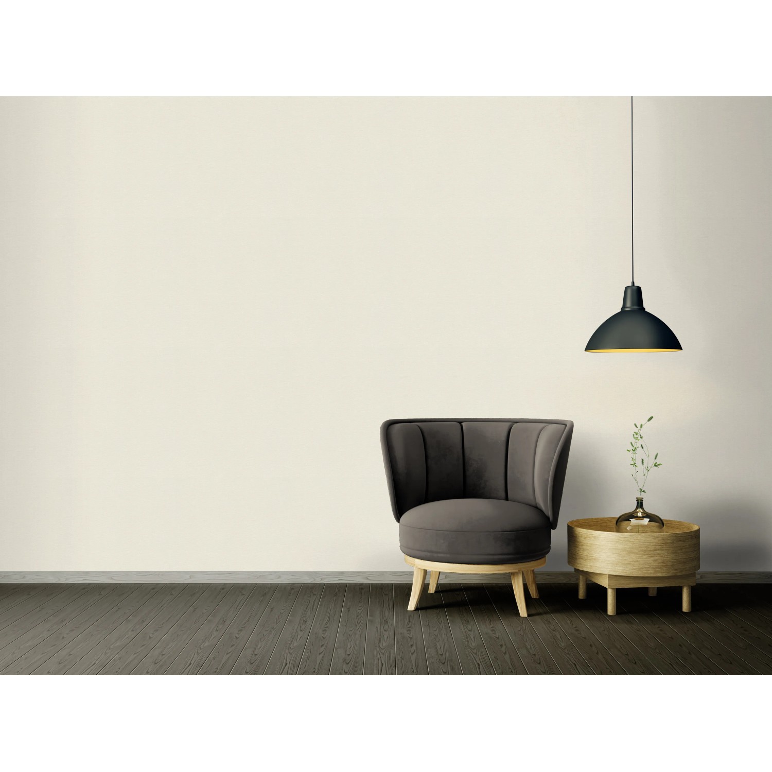 Wohnraum mit A.S. Création Vliestapete Sumatra Uni Creme, Sessel und Lampe.
