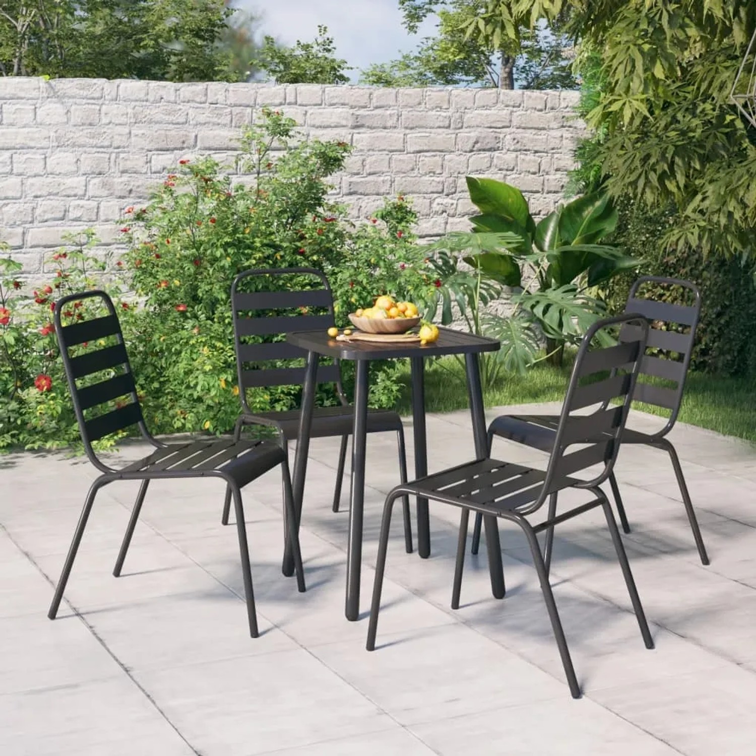 Anthrazitfarbene 5-tlg. Garten-Essgruppe aus Stahl mit Tisch und 4 Stühlen.
