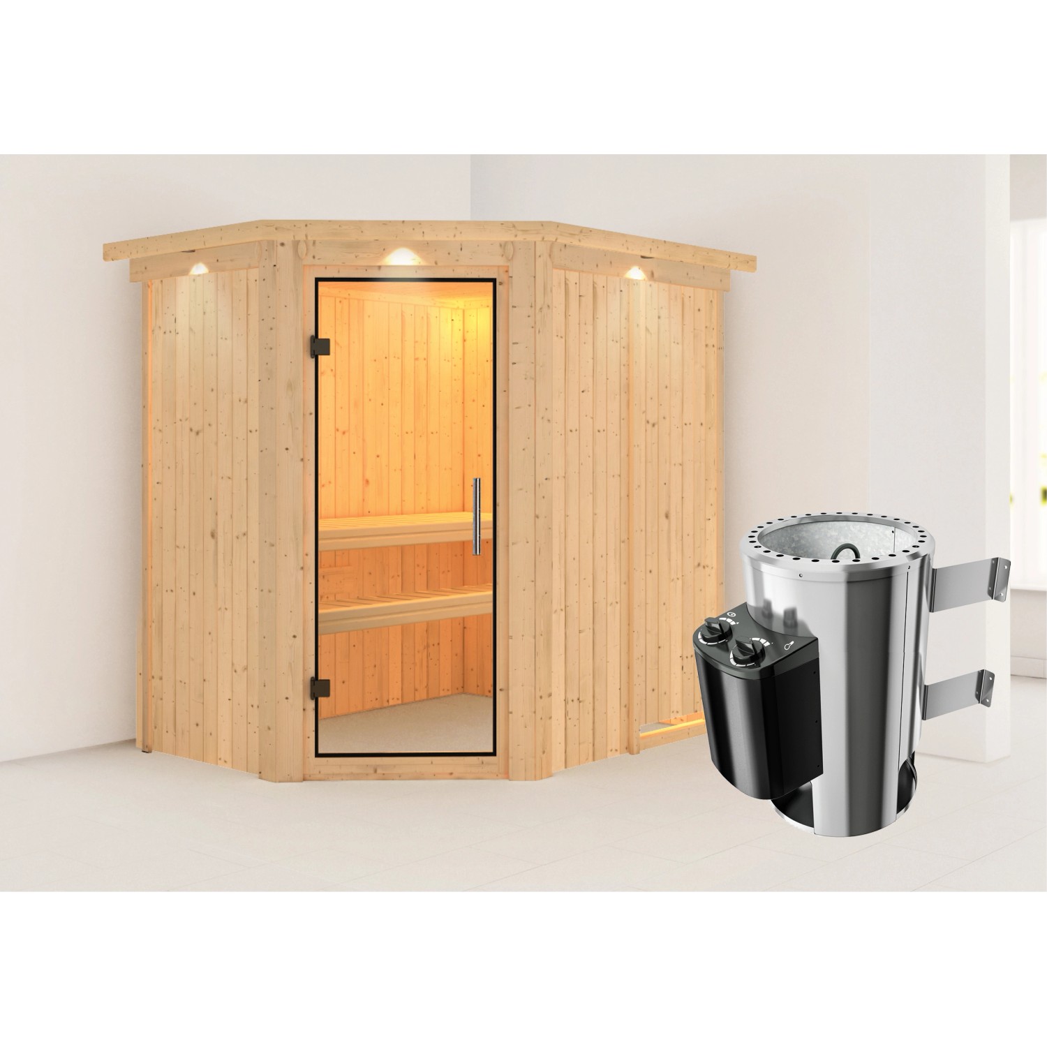 Karibu Sauna Silva mit Ofen integrierte Stg.LED-Dachkranz Natur