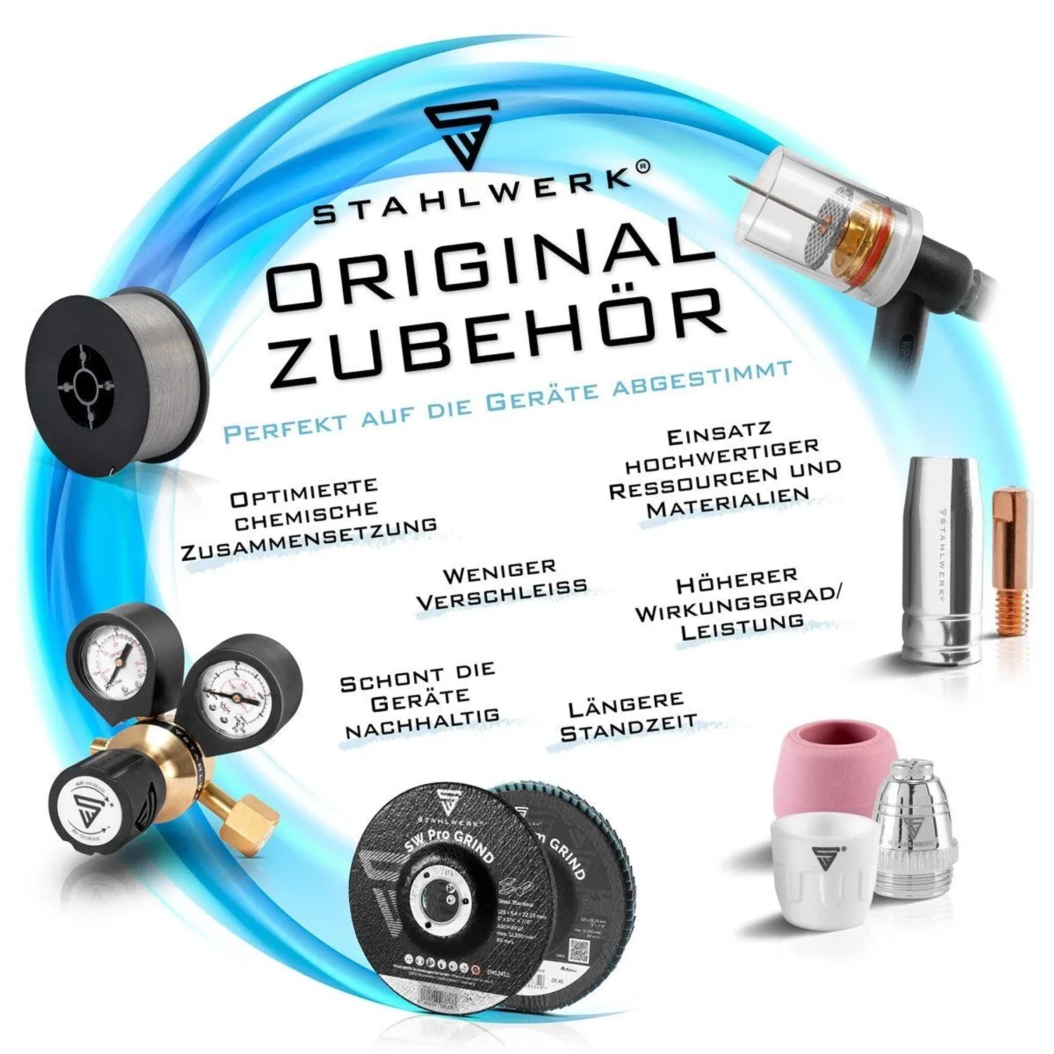 STAHLWERK Original Zubehör für Schweißgeräte: Drahtrolle, Gasregler, Schleifscheiben, Fülldrahtdüsen und Stromdüsen.