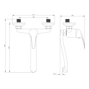 Skizze der Secchia Küchenarmatur Chrom zur Wandmontage mit Maßangaben.