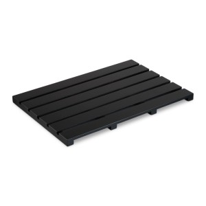 Schwarze Relaxdays Badematte aus Bambus mit rutschfesten Gummifüßen, 54x36 cm.
