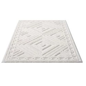 Hochflor Teppich Nara-777, 200x290 cm, Pastell-Creme mit Rautenmuster. Flauschiger Teppich für Wohnzimmer.