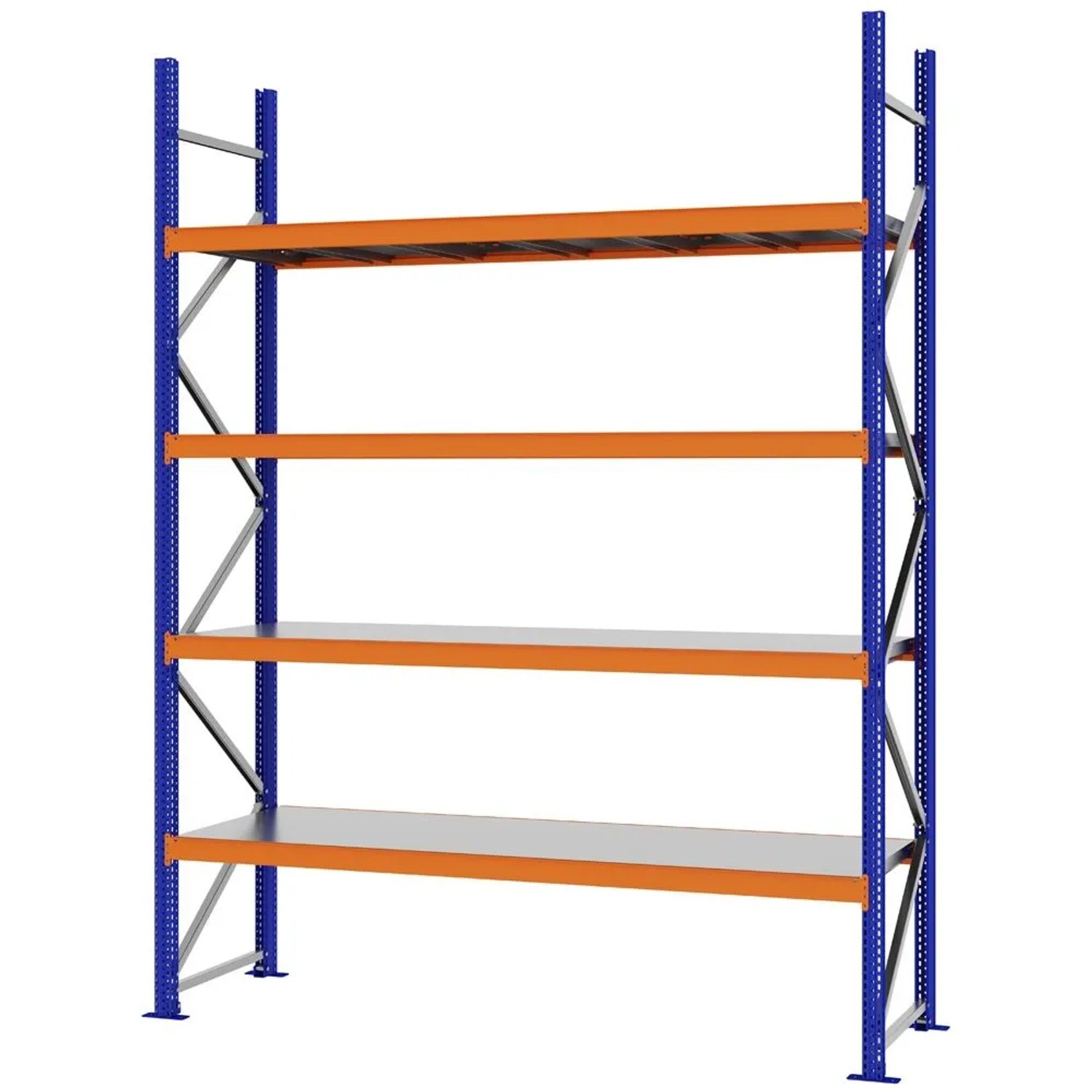 PROREGAL Weitspannregal Schraub-Stecksystem MAGNUS PRO Made In Germany Grundregal 300x225x60cm 4 Ebenen Stahlböden Fachlast 520kg Blau/Orange