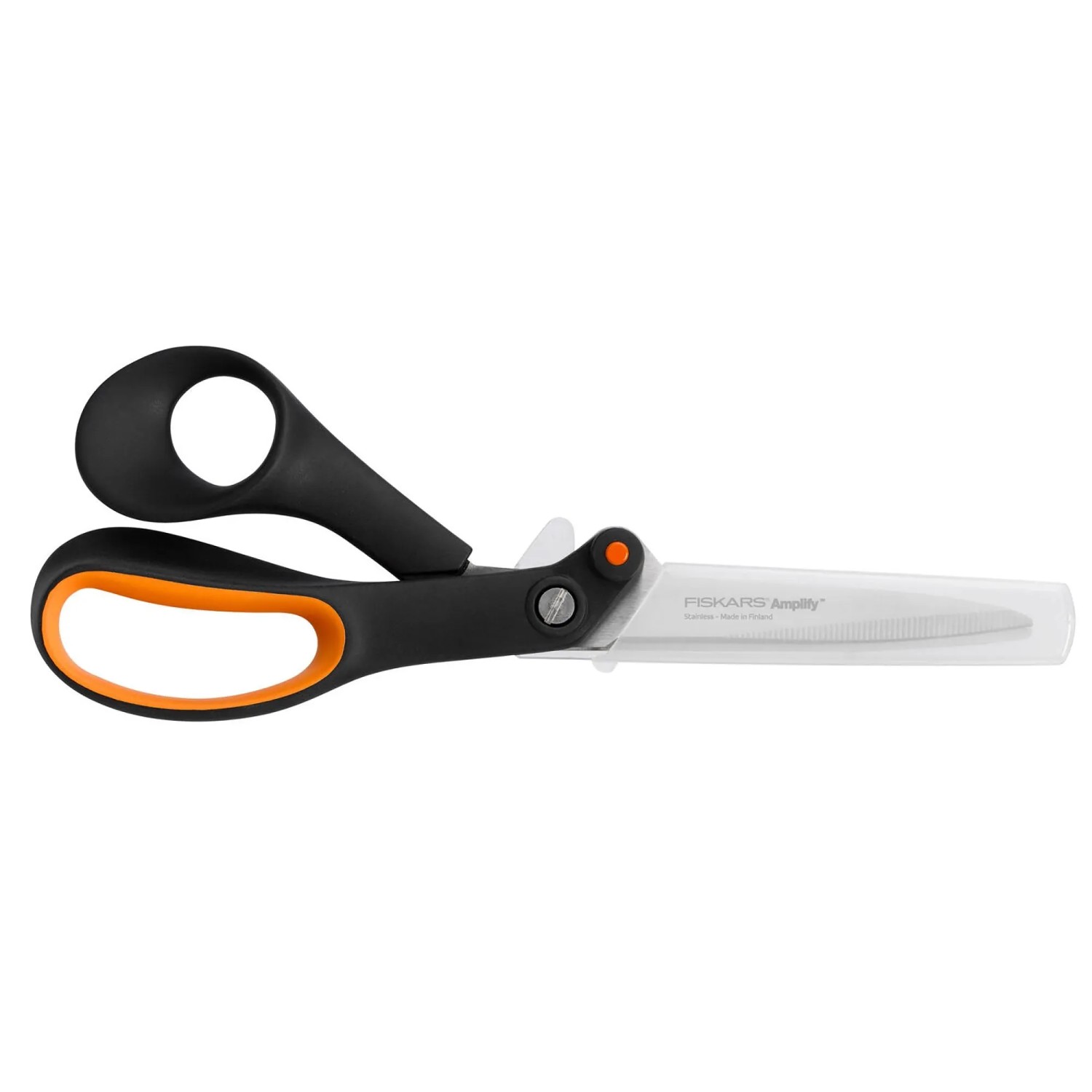 Fiskars Hardware-Schere Amplify, 21 cm, mit gezahnter Klinge und schwarzem Griff.