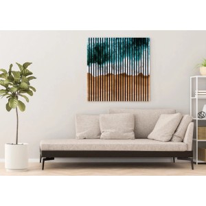 FN Acustico Akustikplatte Meer mit blau-braunem Design, montiert an einer Wand.