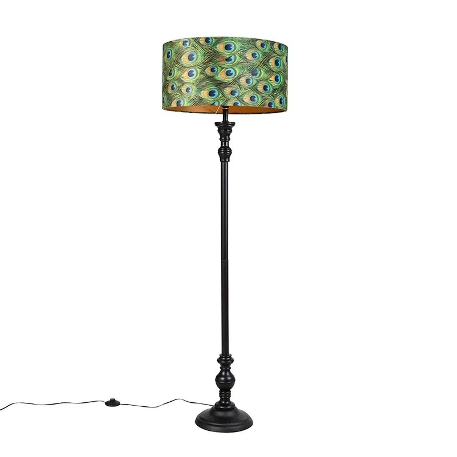 QAZQA Stehleuchte Schwarz mit Veloursschirm Pfau Gold 50 cm Classico