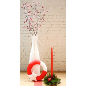 Dekorativer Polystyrol Halbring, rot-weiß, mit Stern, Kerze und Blumenvase für Adventsgestecke.