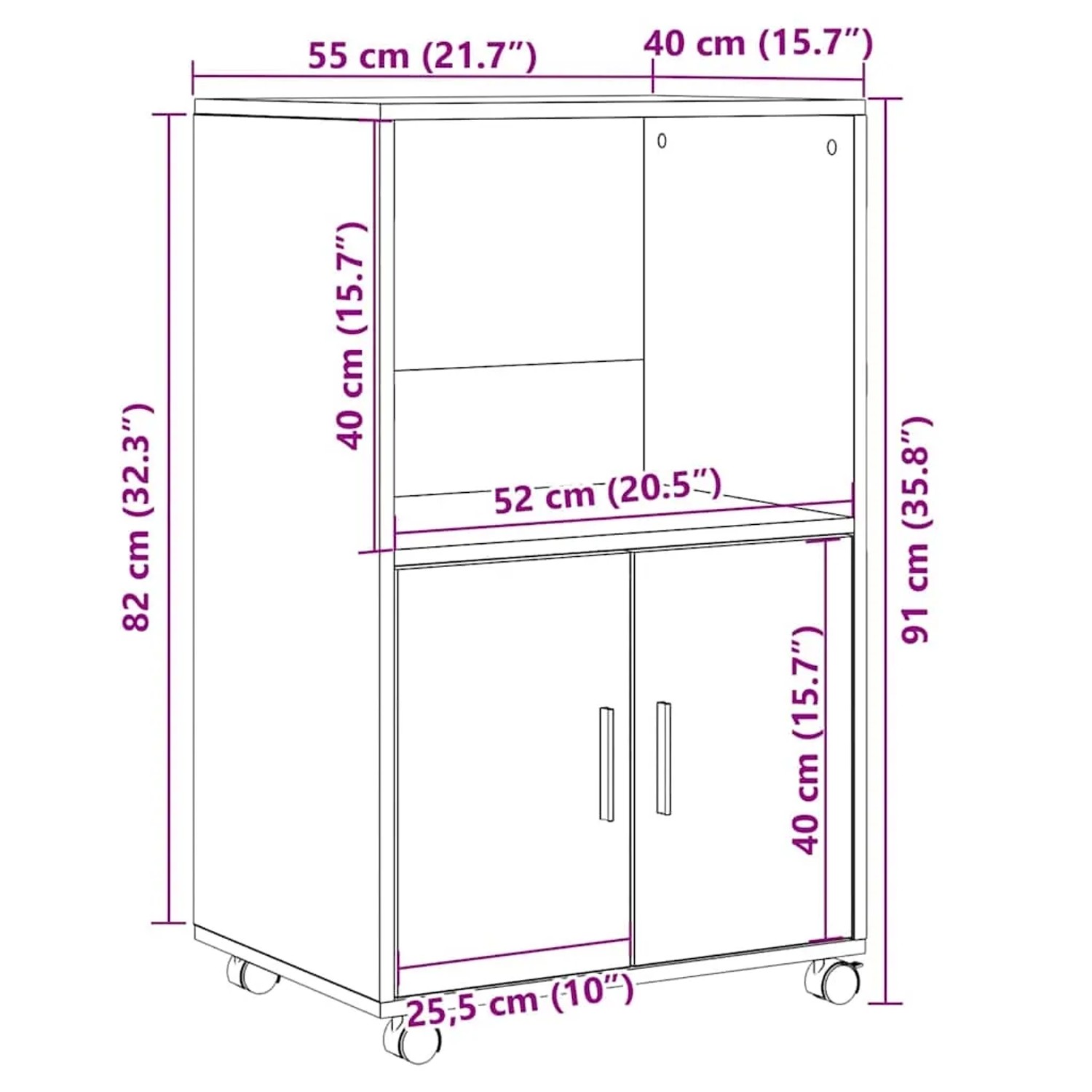 Rollender Schrank in Schwarz Eichen-Optik, 55x40x91cm, mit zwei Türen und Regalfächern.