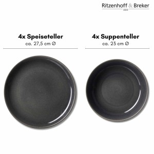 Ritzenhoff & Breker Toledo Tafel-Set, 8-teilig: 4 Speise- und 4 Suppenteller in Graphitgrau.