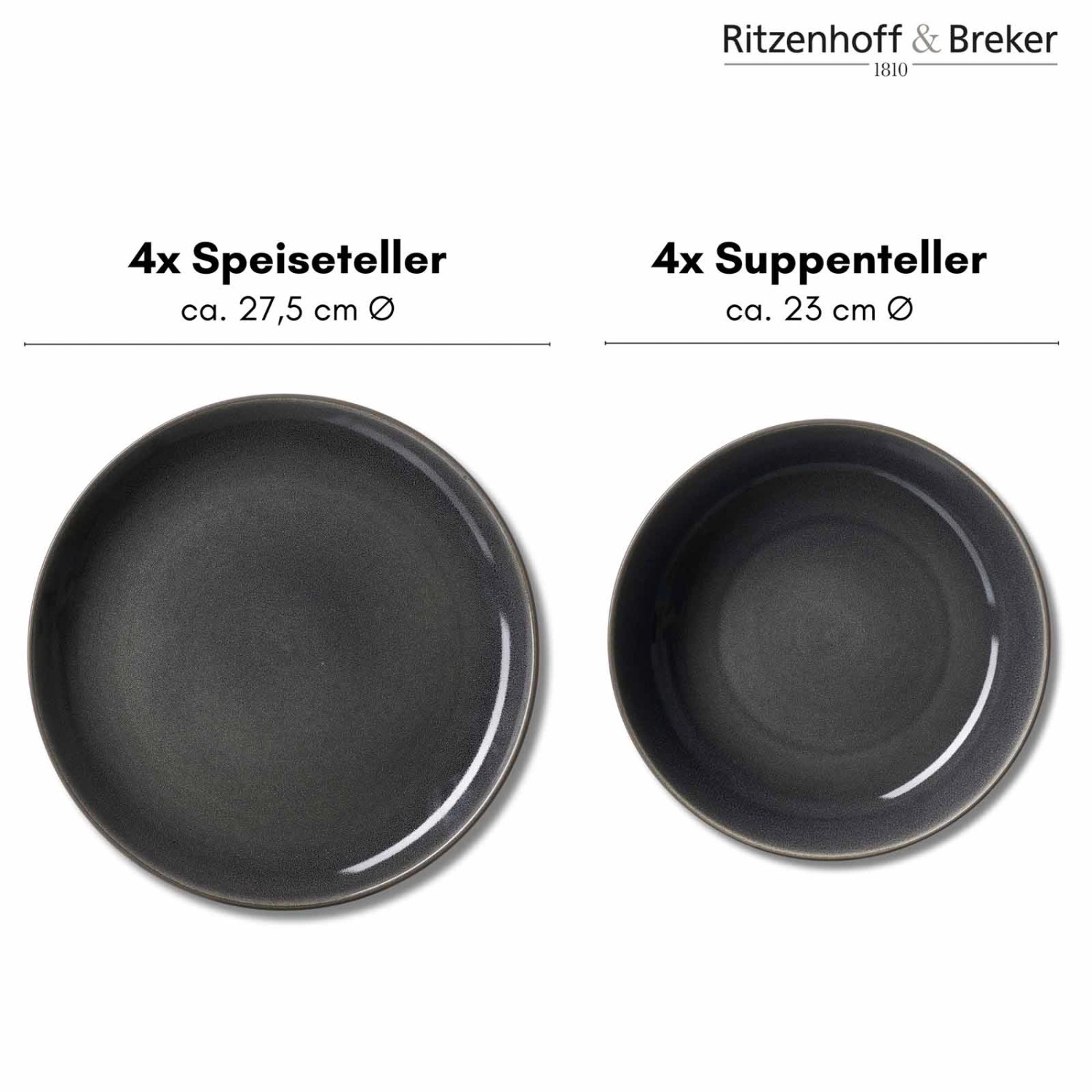 Ritzenhoff & Breker Toledo Tafel-Set, 8-teilig: 4 Speise- und 4 Suppenteller in Graphitgrau.