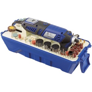 LUX Modellbau- und Gravierset MBS-160 im blauen Koffer mit Zubehör für Miniaturarbeiten.