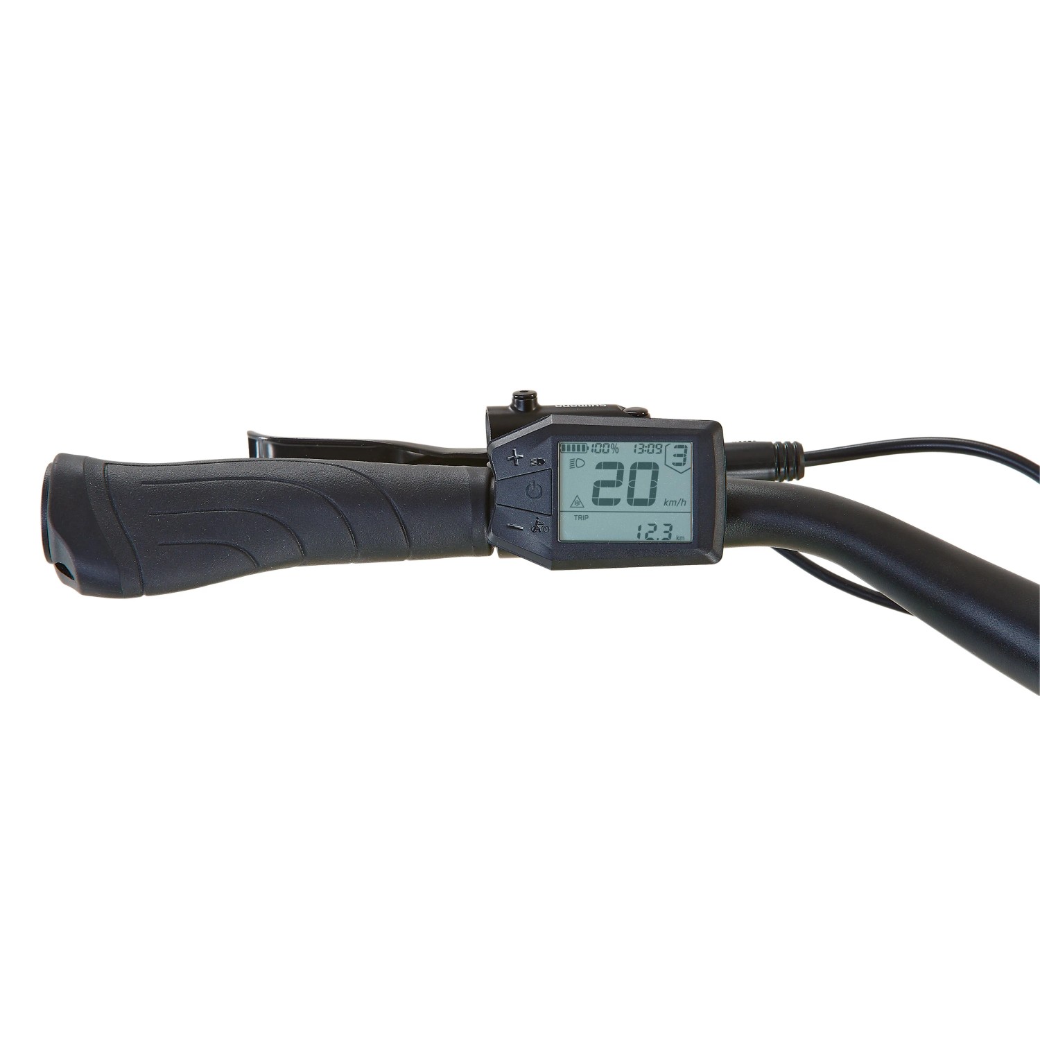 Detailaufnahme: Lenker mit Display des Prophete Urbanicer 3.0 E-Bikes, das 20 km/h anzeigt.