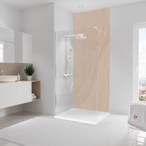 Beige Schulte Duschrückwand Softtouch DecoDesign mit Sandsteinoptik im Badezimmer.