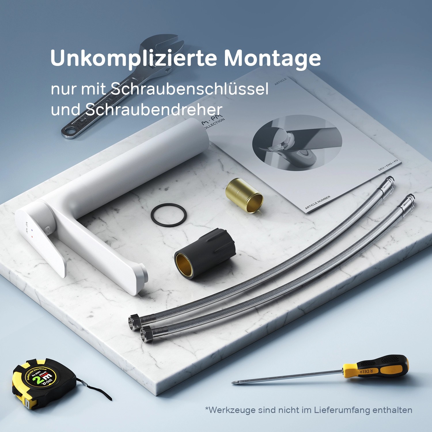 AM.PM Hit Waschtischarmatur, weiße Badarmatur mit Zubehör für die Montage.