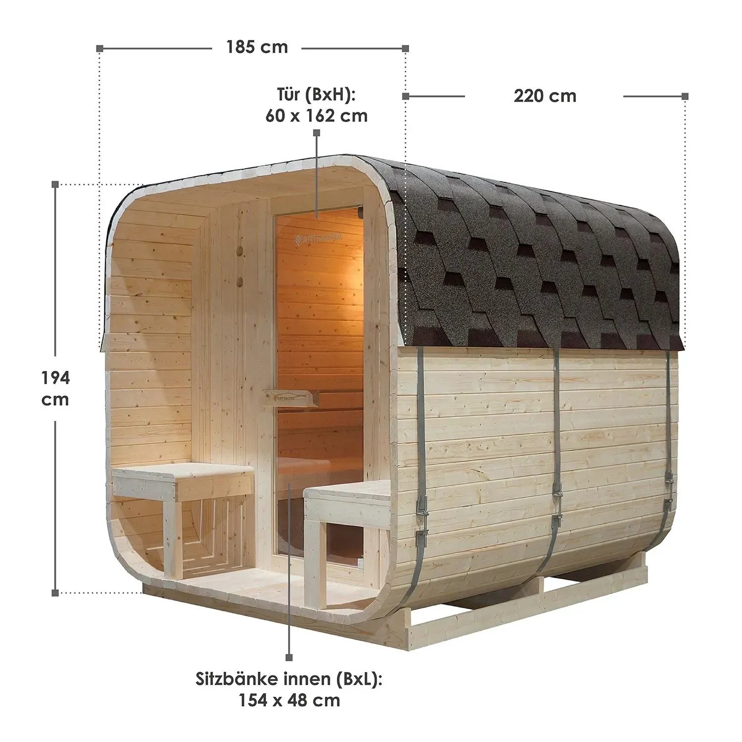 Artsauna Cube Fasssauna Nolvik XXL: Quadratische Gartensauna aus Fichtenholz mit Dachschindeln und Bänken.